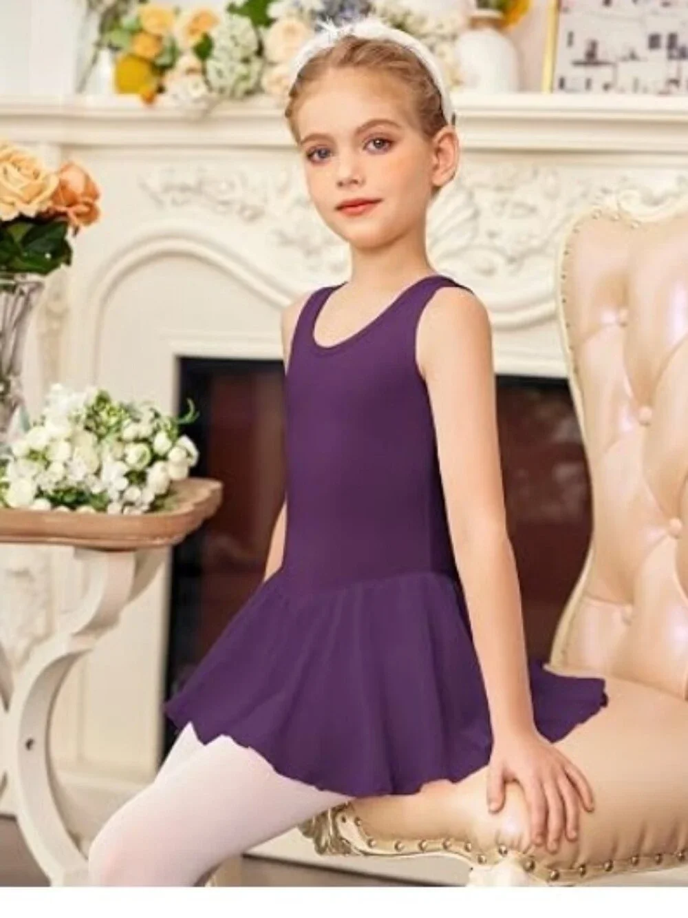 Girls Hollow Back Ballet Leotard with Skirt Sleeveless Dance Dress Purple
